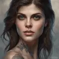 Matte portrait of Alexandra Daddario with tattoos, 8k, Highly Detailed, Powerful, Alluring, Artstation, Magical, Digital Painting, Photo Realistic, Sharp Focus, Volumetric Lighting, Concept Art by Stanley Artgerm Lau, Alphonse Mucha, Greg Rutkowski