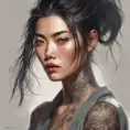 Matte portrait of Liu Wen with tattoos, 8k, Highly Detailed, Powerful, Alluring, Artstation, Magical, Digital Painting, Photo Realistic, Sharp Focus, Volumetric Lighting, Concept Art by Stanley Artgerm Lau, Alphonse Mucha, Greg Rutkowski