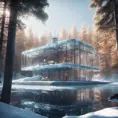 Beautiful futuristic architectural bright glass house in the forest on a giant frozen lake, 8k, Award-Winning, Highly Detailed, Beautiful, Epic, Octane Render, Unreal Engine, Radiant, Volumetric Lighting by Greg Rutkowski