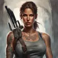 Matte portrait of Lara Croft with tattoos, 8k, Highly Detailed, Powerful, Alluring, Artstation, Magical, Digital Painting, Photo Realistic, Sharp Focus, Volumetric Lighting, Concept Art by Stanley Artgerm Lau, Alphonse Mucha, Greg Rutkowski