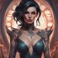 Matte portrait of Vayne with tattoos, 8k, Highly Detailed, Alluring, Artstation, Magical, Digital Painting, Volumetric Lighting, Concept Art by Stanley Artgerm Lau, Alphonse Mucha, Greg Rutkowski