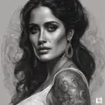 Matte portrait of Salma Hayek with tattoos, 8k, Highly Detailed, Powerful, Alluring, Artstation, Magical, Digital Painting, Photo Realistic, Sharp Focus, Volumetric Lighting, Concept Art by Stanley Artgerm Lau, Alphonse Mucha, Greg Rutkowski