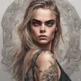 Matte portrait of Cara Delevingne with tattoos, 8k, Highly Detailed, Powerful, Alluring, Artstation, Magical, Digital Painting, Photo Realistic, Sharp Focus, Volumetric Lighting, Concept Art by Stanley Artgerm Lau, Alphonse Mucha, Greg Rutkowski