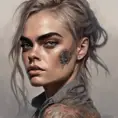 Matte portrait of Cara Delevingne with tattoos, 8k, Highly Detailed, Powerful, Alluring, Artstation, Magical, Digital Painting, Photo Realistic, Sharp Focus, Volumetric Lighting, Concept Art by Stanley Artgerm Lau, Alphonse Mucha, Greg Rutkowski