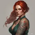 Matte portrait of Triss Merigold with tattoos, 8k, Highly Detailed, Powerful, Alluring, Artstation, Magical, Digital Painting, Photo Realistic, Sharp Focus, Volumetric Lighting, Concept Art by Stanley Artgerm Lau, Alphonse Mucha, Greg Rutkowski