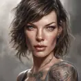 Matte portrait of Milla Jovovich with tattoos, 8k, Highly Detailed, Alluring, Artstation, Bokeh effect, Sharp Focus, Volumetric Lighting, Concept Art by Stanley Artgerm Lau, Greg Rutkowski