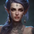 Matte portrait of Morgana with tattoos, 8k, Highly Detailed, Alluring, Artstation, Bokeh effect, Sharp Focus, Volumetric Lighting, Concept Art by Stanley Artgerm Lau, Greg Rutkowski