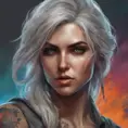 Colorful portrait of a tattooed Ciri with a grey scale face, 4k, Highly Detailed, Hyper Detailed, Powerful, Artstation, Vintage Illustration, Digital Painting, Sharp Focus, Smooth, Concept Art by Stanley Artgerm Lau, Greg Rutkowski