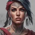 Colorful portrait of a tattooed Kassandra with a grey scale face, 4k, Highly Detailed, Hyper Detailed, Powerful, Artstation, Vintage Illustration, Digital Painting, Sharp Focus, Smooth, Concept Art by Stanley Artgerm Lau, Greg Rutkowski