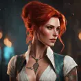 Matte portrait of Triss Merigold with tattoos, 8k, Highly Detailed, Alluring, Artstation, Bokeh effect, Sharp Focus, Volumetric Lighting, Concept Art by Stanley Artgerm Lau, Greg Rutkowski