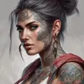 Colorful portrait of a tattooed Kassandra with a grey scale face, 4k, Highly Detailed, Hyper Detailed, Powerful, Artstation, Vintage Illustration, Digital Painting, Sharp Focus, Smooth, Concept Art by Stanley Artgerm Lau, Greg Rutkowski