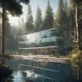 Beautiful futuristic architectural glass house in the forest on a large lake, 8k, Award-Winning, Highly Detailed, Beautiful, Epic, Octane Render, Unreal Engine, Radiant, Volumetric Lighting by Hans Baluschek