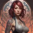 Matte portrait of Kasumi with tattoos, 8k, Highly Detailed, Powerful, Alluring, Artstation, Magical, Digital Painting, Photo Realistic, Sharp Focus, Volumetric Lighting, Concept Art by Stanley Artgerm Lau, Alphonse Mucha, Greg Rutkowski