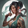 Matte portrait of Akali with tattoos, 8k, Highly Detailed, Powerful, Alluring, Artstation, Magical, Digital Painting, Photo Realistic, Sharp Focus, Volumetric Lighting, Concept Art by Stanley Artgerm Lau, Alphonse Mucha, Greg Rutkowski