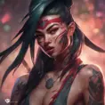 Matte portrait of Akali with tattoos, 8k, Highly Detailed, Alluring, Artstation, Bokeh effect, Sharp Focus, Volumetric Lighting, Concept Art by Stanley Artgerm Lau, Greg Rutkowski