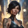 Matte portrait of Cassandra Cain with tattoos, 8k, Highly Detailed, Alluring, Artstation, Bokeh effect, Sharp Focus, Volumetric Lighting, Concept Art by Stanley Artgerm Lau, Alphonse Mucha, Greg Rutkowski