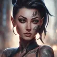 Matte portrait of Vayne with tattoos, 8k, Highly Detailed, Alluring, Artstation, Bokeh effect, Sharp Focus, Volumetric Lighting, Concept Art by Stanley Artgerm Lau, Greg Rutkowski