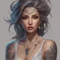 Matte portrait of Sona with tattoos, 8k, Highly Detailed, Powerful, Alluring, Artstation, Magical, Digital Painting, Photo Realistic, Sharp Focus, Volumetric Lighting, Concept Art by Stanley Artgerm Lau, Alphonse Mucha, Greg Rutkowski