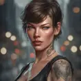 Matte portrait of Milla Jovovich with tattoos, 8k, Highly Detailed, Alluring, Artstation, Bokeh effect, Sharp Focus, Volumetric Lighting, Concept Art by Stanley Artgerm Lau, Greg Rutkowski