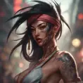 Matte portrait of Akali with tattoos, 8k, Highly Detailed, Alluring, Artstation, Bokeh effect, Sharp Focus, Volumetric Lighting, Concept Art by Stanley Artgerm Lau, Greg Rutkowski