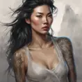 Matte portrait of Liu Wen with tattoos, 8k, Highly Detailed, Powerful, Alluring, Artstation, Magical, Digital Painting, Photo Realistic, Sharp Focus, Volumetric Lighting, Concept Art by Stanley Artgerm Lau, Alphonse Mucha, Greg Rutkowski