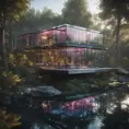 Beautiful futuristic architectural glass house in the forest on a large lake, 8k, Award-Winning, Highly Detailed, Beautiful, Epic, Octane Render, Unreal Engine, Radiant, Volumetric Lighting by Louis Comfort Tiffany