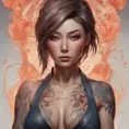 Matte portrait of Kasumi with tattoos, 8k, Highly Detailed, Powerful, Alluring, Artstation, Magical, Digital Painting, Photo Realistic, Sharp Focus, Volumetric Lighting, Concept Art by Stanley Artgerm Lau, Alphonse Mucha, Greg Rutkowski