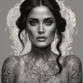 Matte portrait of Salma Hayek with tattoos, 8k, Highly Detailed, Powerful, Alluring, Artstation, Magical, Digital Painting, Photo Realistic, Sharp Focus, Volumetric Lighting, Concept Art by Stanley Artgerm Lau, Alphonse Mucha, Greg Rutkowski