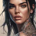 Matte portrait of Kendall Jenner with tattoos, 8k, Highly Detailed, Powerful, Alluring, Artstation, Magical, Digital Painting, Photo Realistic, Sharp Focus, Volumetric Lighting, Concept Art by Stanley Artgerm Lau, Alphonse Mucha, Greg Rutkowski