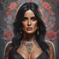 Matte portrait of Salma Hayek with tattoos, 8k, Highly Detailed, Powerful, Alluring, Artstation, Magical, Digital Painting, Photo Realistic, Sharp Focus, Volumetric Lighting, Concept Art by Stanley Artgerm Lau, Alphonse Mucha, Greg Rutkowski