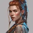 Matte portrait of Aloy with tattoos, 8k, Highly Detailed, Powerful, Alluring, Artstation, Magical, Digital Painting, Photo Realistic, Sharp Focus, Volumetric Lighting, Concept Art by Stanley Artgerm Lau, Alphonse Mucha, Greg Rutkowski