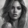 Matte portrait of Eiza González with tattoos, 8k, Highly Detailed, Powerful, Alluring, Artstation, Magical, Digital Painting, Photo Realistic, Sharp Focus, Volumetric Lighting, Concept Art by Stanley Artgerm Lau, Alphonse Mucha, Greg Rutkowski