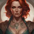 Matte portrait of Triss Merigold with tattoos, 8k, Highly Detailed, Powerful, Alluring, Artstation, Magical, Digital Painting, Photo Realistic, Sharp Focus, Volumetric Lighting, Concept Art by Stanley Artgerm Lau, Alphonse Mucha, Greg Rutkowski