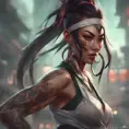 Matte portrait of Akali with tattoos, 8k, Highly Detailed, Alluring, Artstation, Bokeh effect, Sharp Focus, Volumetric Lighting, Concept Art by Stanley Artgerm Lau, Greg Rutkowski