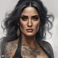 Matte portrait of Salma Hayek with tattoos, 8k, Highly Detailed, Powerful, Alluring, Artstation, Magical, Digital Painting, Photo Realistic, Sharp Focus, Volumetric Lighting, Concept Art by Stanley Artgerm Lau, Alphonse Mucha, Greg Rutkowski