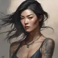 Matte portrait of Liu Wen with tattoos, 8k, Highly Detailed, Powerful, Alluring, Artstation, Magical, Digital Painting, Photo Realistic, Sharp Focus, Volumetric Lighting, Concept Art by Stanley Artgerm Lau, Alphonse Mucha, Greg Rutkowski