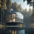 Beautiful futuristic architectural glass house in the forest on a large lake, 8k, Award-Winning, Highly Detailed, Beautiful, Epic, Octane Render, Unreal Engine, Radiant, Volumetric Lighting by Hans Baluschek