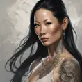 Matte portrait of Lucy Liu with tattoos, 8k, Highly Detailed, Powerful, Alluring, Artstation, Magical, Digital Painting, Photo Realistic, Sharp Focus, Volumetric Lighting, Concept Art by Stanley Artgerm Lau, Alphonse Mucha, Greg Rutkowski