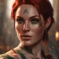 Matte portrait of Triss Merigold with tattoos, 8k, Highly Detailed, Alluring, Artstation, Bokeh effect, Sharp Focus, Volumetric Lighting, Concept Art by Stanley Artgerm Lau, Greg Rutkowski