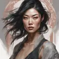 Matte portrait of Liu Wen with tattoos, 8k, Highly Detailed, Powerful, Alluring, Artstation, Magical, Digital Painting, Photo Realistic, Sharp Focus, Volumetric Lighting, Concept Art by Stanley Artgerm Lau, Alphonse Mucha, Greg Rutkowski