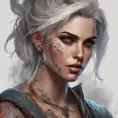 Colorful portrait of a tattooed Ciri with a grey scale face, 4k, Highly Detailed, Hyper Detailed, Powerful, Artstation, Vintage Illustration, Digital Painting, Sharp Focus, Smooth, Concept Art by Stanley Artgerm Lau, Greg Rutkowski