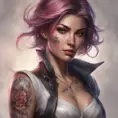 Matte portrait of Fiora with tattoos, 8k, Highly Detailed, Powerful, Alluring, Artstation, Magical, Digital Painting, Photo Realistic, Sharp Focus, Volumetric Lighting, Concept Art by Stanley Artgerm Lau, Alphonse Mucha, Greg Rutkowski