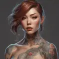 Matte portrait of Kasumi with tattoos, 8k, Highly Detailed, Powerful, Alluring, Artstation, Magical, Digital Painting, Photo Realistic, Sharp Focus, Volumetric Lighting, Concept Art by Stanley Artgerm Lau, Alphonse Mucha, Greg Rutkowski