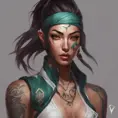 Matte portrait of Akali with tattoos, 8k, Highly Detailed, Powerful, Alluring, Artstation, Magical, Digital Painting, Photo Realistic, Sharp Focus, Volumetric Lighting, Concept Art by Stanley Artgerm Lau, Alphonse Mucha, Greg Rutkowski