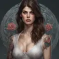 Matte portrait of Alexandra Daddario with tattoos, 8k, Highly Detailed, Powerful, Alluring, Artstation, Magical, Digital Painting, Photo Realistic, Sharp Focus, Volumetric Lighting, Concept Art by Stanley Artgerm Lau, Alphonse Mucha, Greg Rutkowski