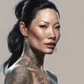 Matte portrait of Lucy Liu with tattoos, 8k, Highly Detailed, Powerful, Alluring, Artstation, Magical, Digital Painting, Photo Realistic, Sharp Focus, Volumetric Lighting, Concept Art by Stanley Artgerm Lau, Alphonse Mucha, Greg Rutkowski