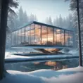 Beautiful futuristic architectural bright glass house in the forest on a giant frozen lake, 8k, Award-Winning, Highly Detailed, Beautiful, Epic, Octane Render, Unreal Engine, Radiant, Volumetric Lighting by Greg Rutkowski