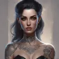 Matte portrait of Morgana with tattoos, 8k, Highly Detailed, Alluring, Artstation, Bokeh effect, Sharp Focus, Volumetric Lighting, Concept Art by Stanley Artgerm Lau, Greg Rutkowski