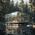 Beautiful futuristic architectural glass house in the forest on a large lake, 8k, Award-Winning, Highly Detailed, Beautiful, Epic, Octane Render, Unreal Engine, Radiant, Volumetric Lighting by Hans Baluschek