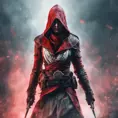 Red hooded Assassin's Creed female assassin emerging from the fog of battle, 8k, Bokeh effect, Volumetric Lighting, Vibrant Colors, Fantasy, Dark by Stefan Kostic